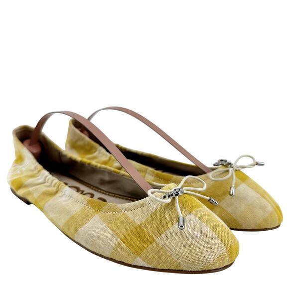 Sam Edelman Felicia Ballet Flats Bow Slip On Gingham Fabric Yellow White 7 - Picture 2 of 7